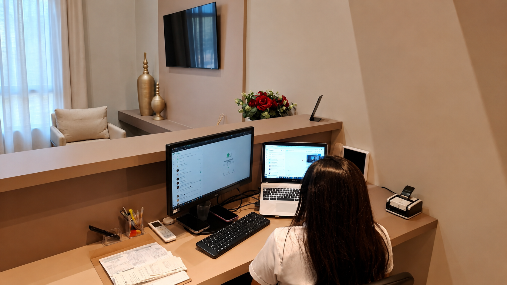 Colaboradora realizando atendimento e agendamento na recepção